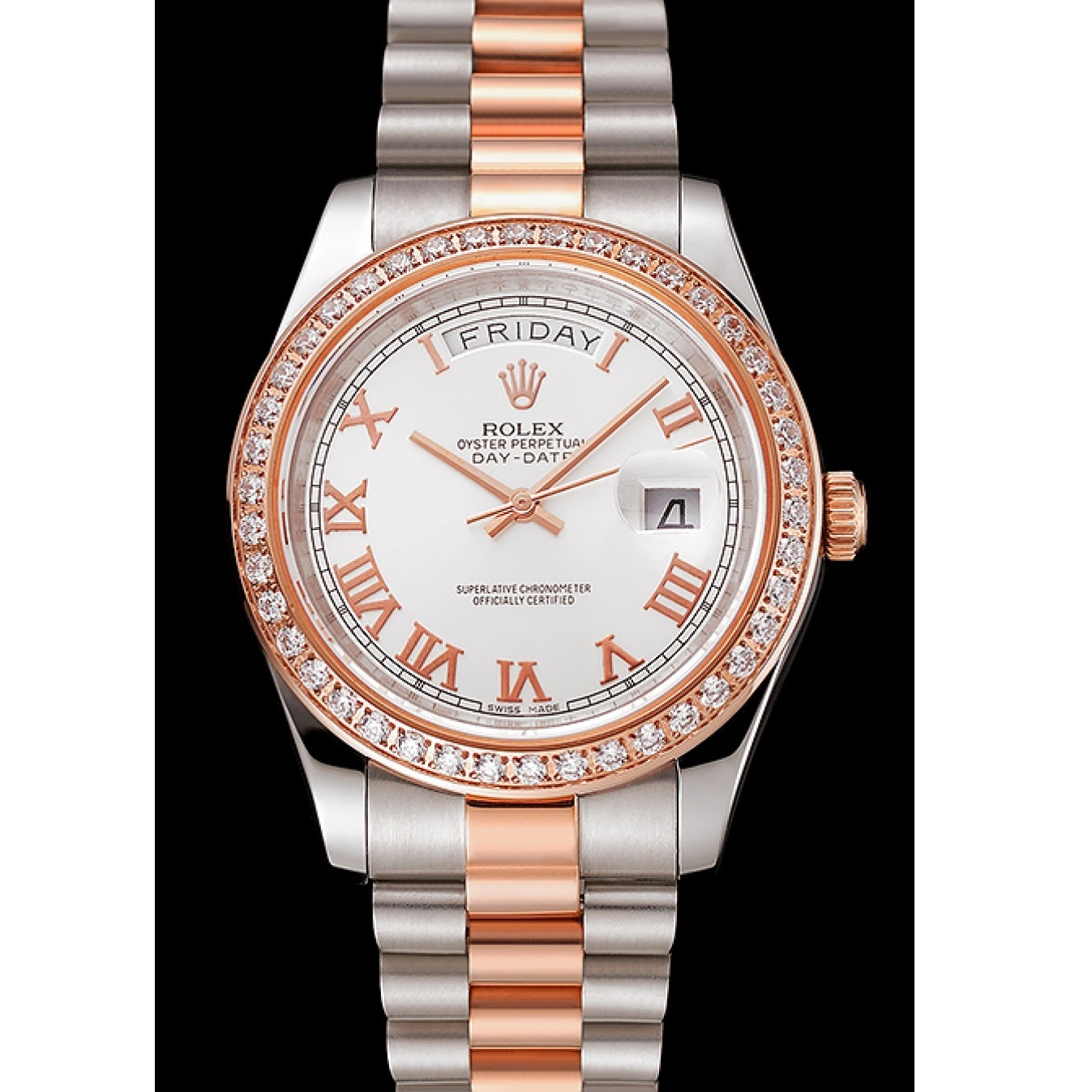 Good copy rolex watches 1454108 Steel Gold Rose Bezel Bracelet Swiss Diamonds Day-Date Staineless Rolex And Dial White 0524